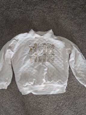 Vintage White Collared Sweater with Gold Reindeer Motif